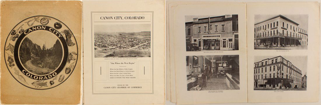 Canon City, Colorado promotional booklet: Chalk full of pictures: scenic highways, industry, churches, Soda and Iron Springs, depots, ranching, jail, fire station, banks, hotels, hospitals, schools, etc. "An Ideal City!" Canon City, CO