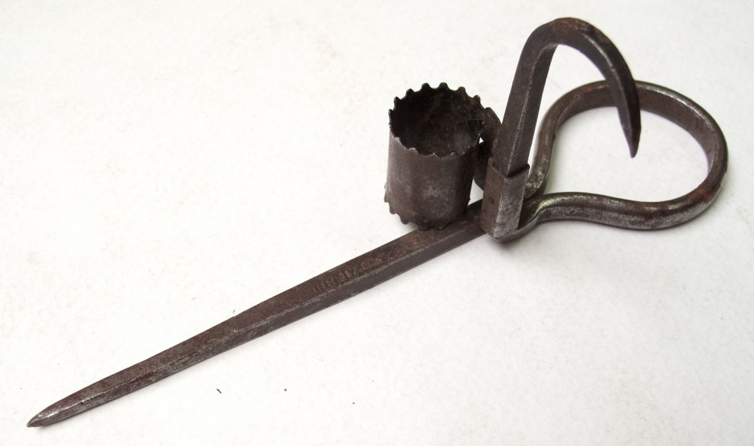 Sholder, Patent Miners Candlestick: Engraved June 17, '80. That is the patent date for the candlestick of Louis H. Sholder of Cleveland, OH. Distinctive, castellated thimble.