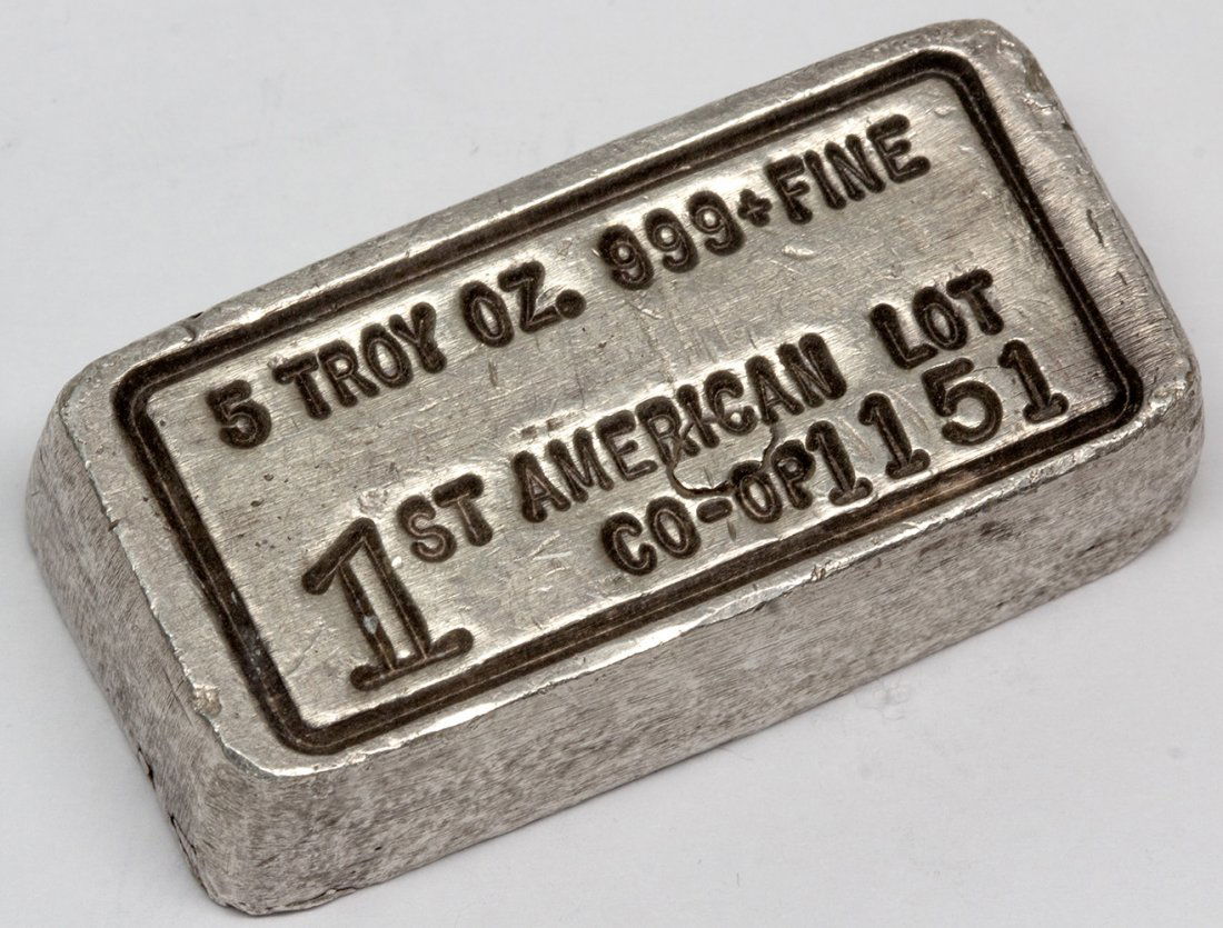 1st American Co-Op Silver Ingot: 4.95 Troy oz, .999+ fine. According to the consignor, "1st American CO-OP is a successor to the Bear Paw Mining Company ingots produced in the early 1900'sâ€¦.one paper I have read timelines it as