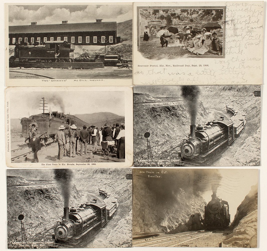 Ely, Ruth and McGill Post Card Group: This is a lot of 6 post cards. The first 2 are from Ely and show images of the first train arriving in Ely on Sept. 29, 1906. The next card is from McGill and features an image of engine no. 5 from th