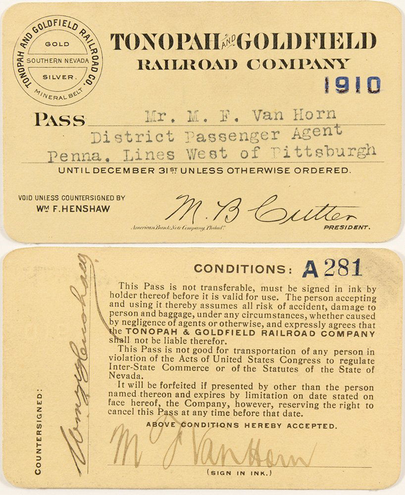 Tonopah & Goldfield Railroad Co. 1910 Pass