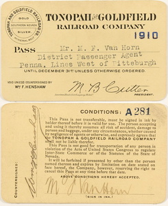 Tonopah & Goldfield Railroad Co. 1910 Pass