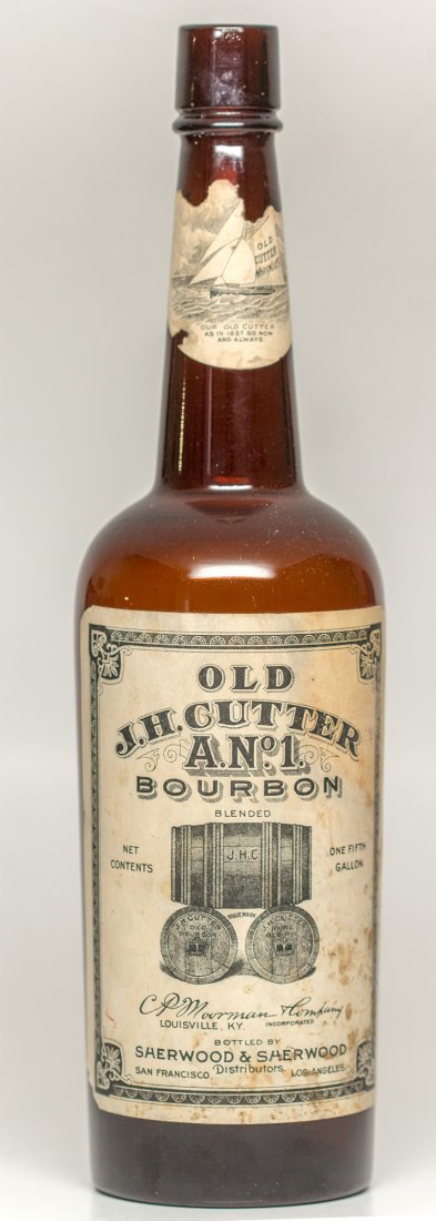 Old J. H. Cutler A. N. #1 Bourbon! (brown bottle): Sherwood & Sherwood of San Francisco distributers. Nice pictorial of three barrels that look like a wagon. From A. Moorman & Company of Louisville, Kentucky. Top label has been torn. Bottom label has 