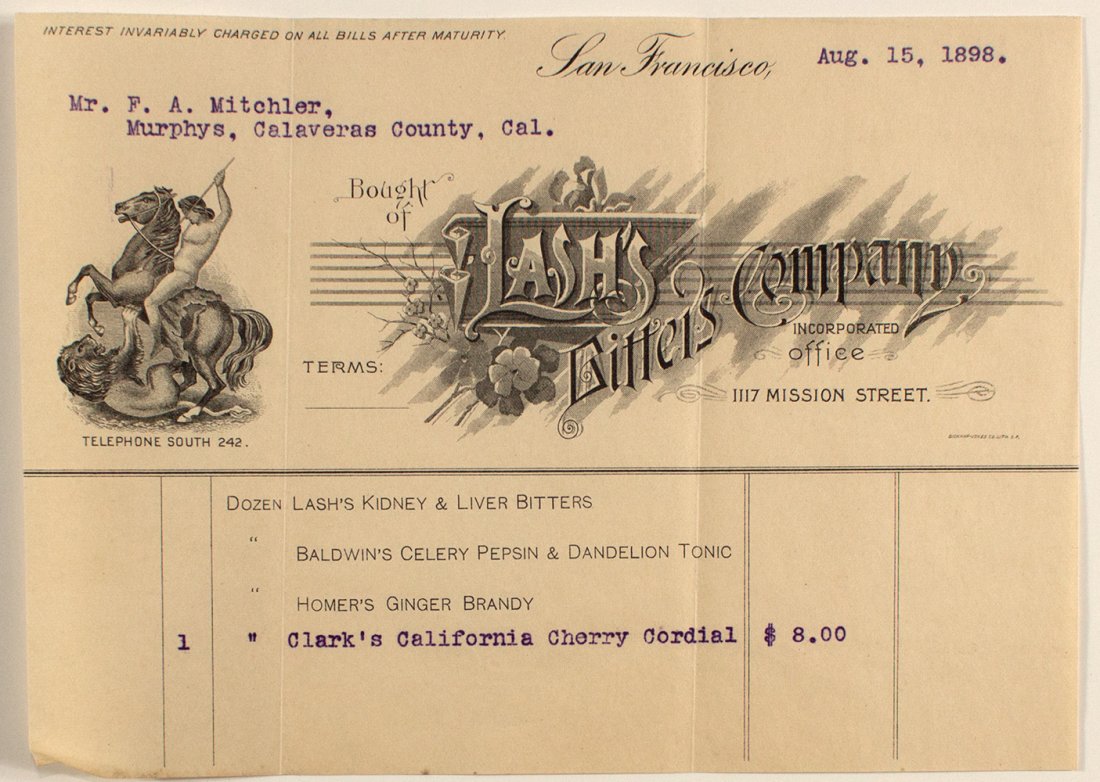 Lash's Bitters with dramatic pictorial!: Pictorial is of a nude Roman spearing a lion from a horse. Preprinted with Lash's Kidney & Liver Bitters, Baldwin's Celery Pepsin & Dandelion Tonic, and Homar's Ginger Brandy. YUM! San Francisco, CA