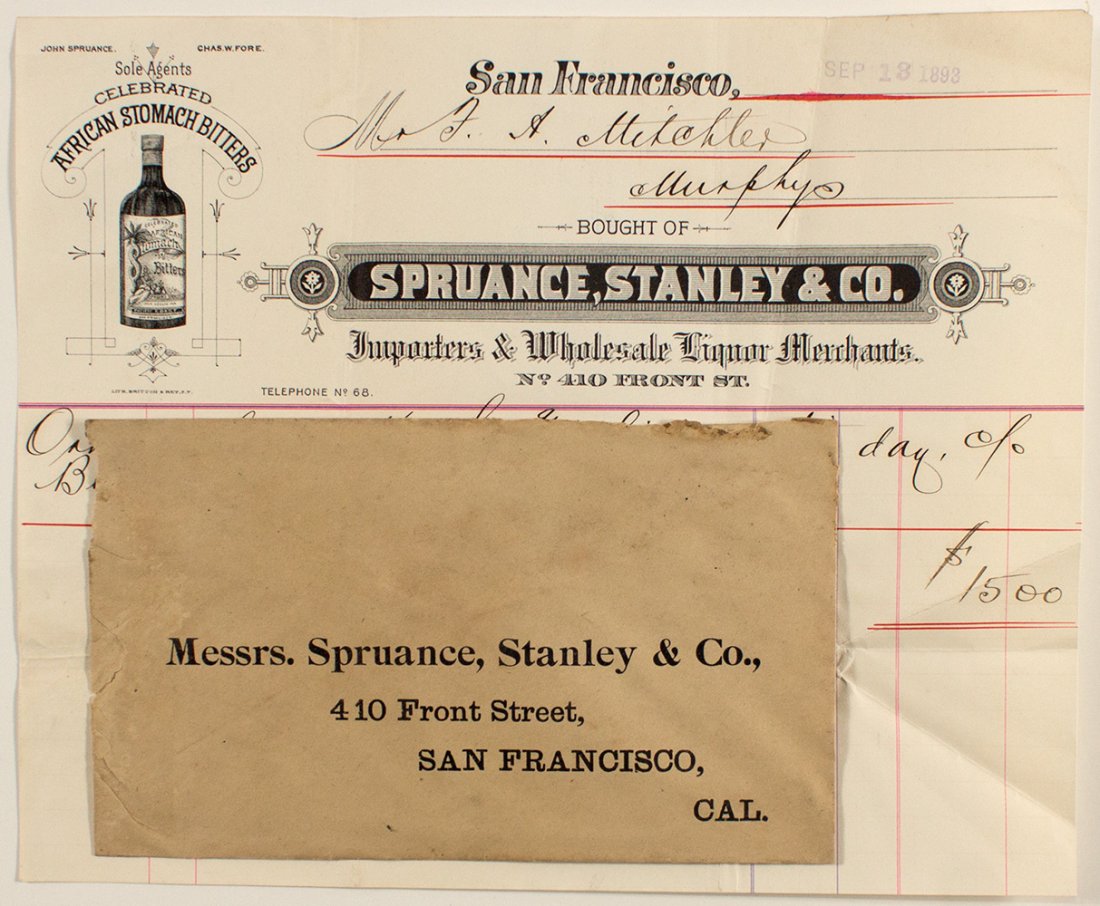 Spruance, Stanley & Company African Stomach Bitters: Billhead with matching return envelope. Notice the spectacular celebrated AFRICAN STOMACH BITTERS pictorial. Bill is for African Bitters. The Spruance Stanley & Co. claim that it was the greatest bloo