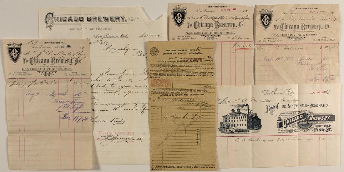 The Chicago Brewery of San Francisco (2): 5 billheads. Three different. San Francisco, CA