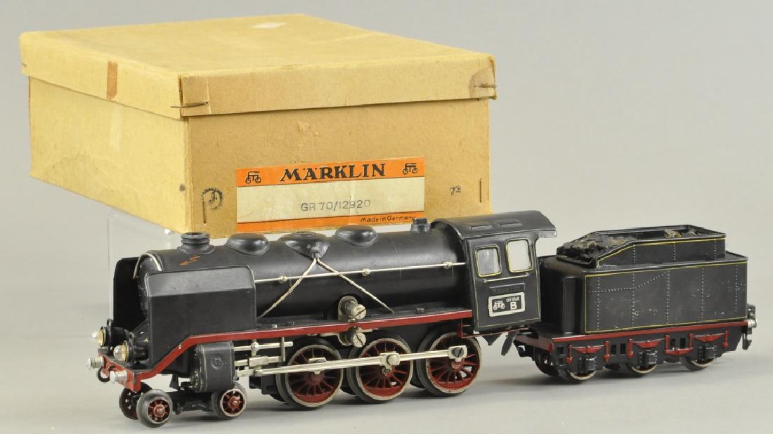 MARKLIN GR70 4-6-0 LOCOMOTIVE BOXED: O' gauge, electric 20v loco with six wheel tender, simulated coal load is loose, all around great condition. 16" l.