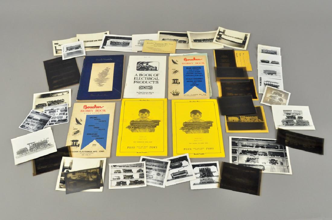 GROUPING OF BOUCHER AND VOLTAMP CATALOGS AND PHOTO: Includes Boucher and Voltamp catalogs, original and reprint, dated 1908, 1934 and 1967, along with assortment of like trains, photos, negatives and business card. Largest 9”.