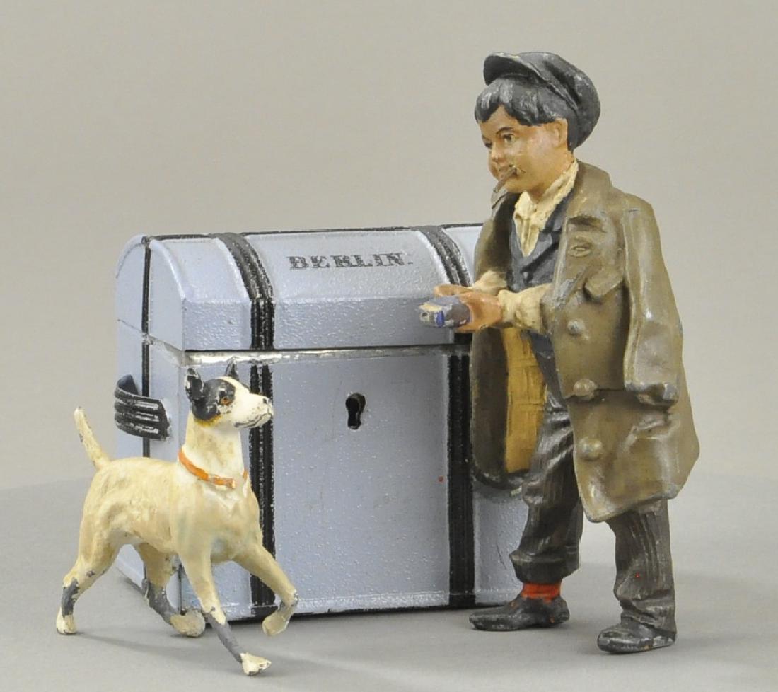 GERMAN TIN & LEAD BOY AND DOG BANK (1 of 3)