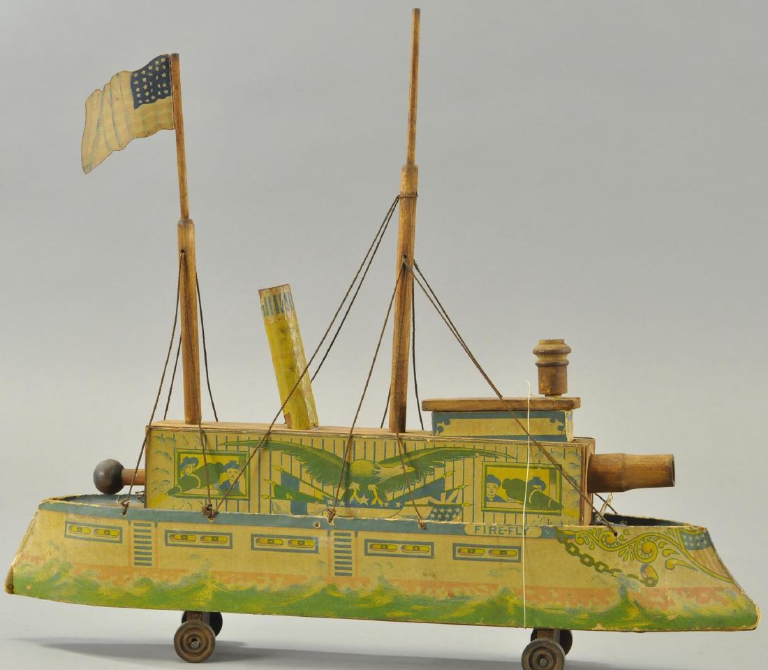 BLISS FIREFLY GUN BOAT: Colorful lithographed paper on wood and cardboard, features shooting, nice graphics with rampant American eagle. 18" l.