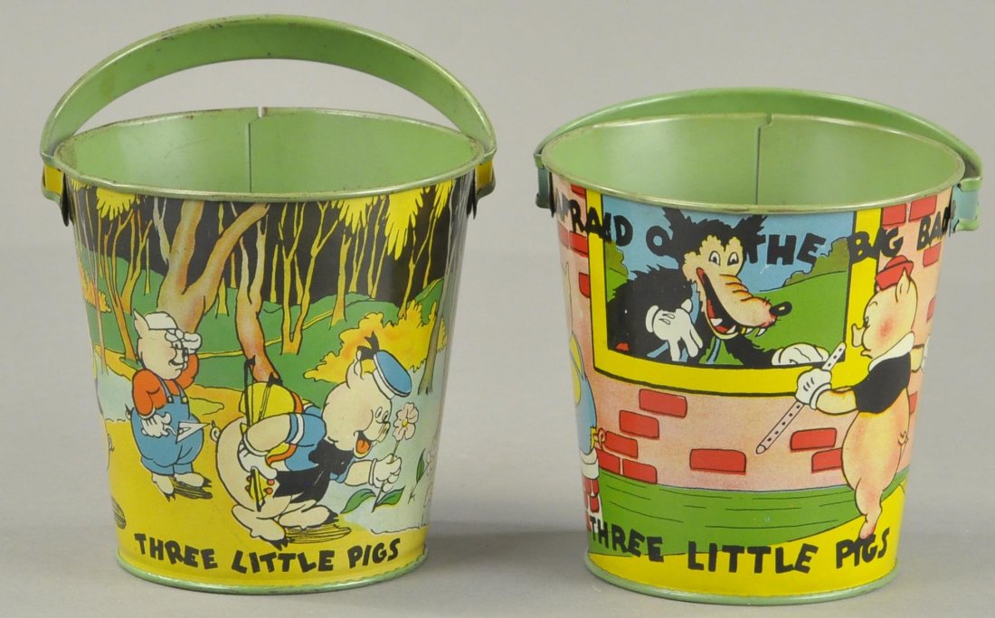PAIR OF THREE LITTLE PIG SAND PAILS (1 of 3)