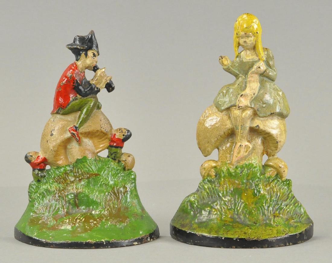 LITTLE MISS MUFFET & PIED PIPER DOORSTOPS: Cat 121 and 120, adorable depictions of popular nursery stories, colorfully painted. 7 3/4" & 7 1/4".