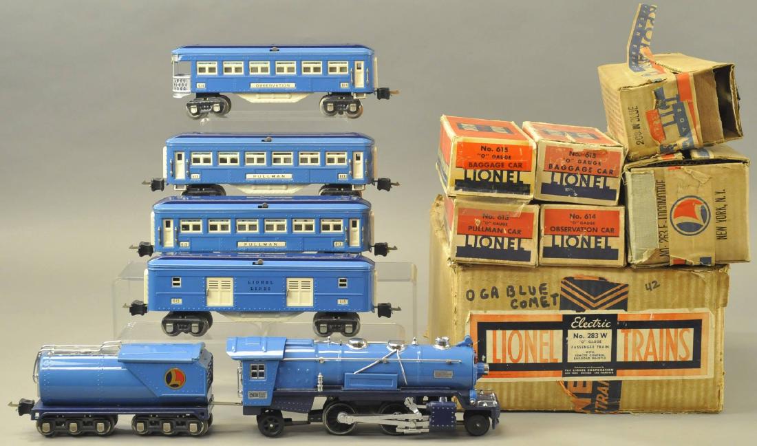 LIONEL OUTFIT 283W W/265e, 613, 613, 614, 615: Set presents (Exc.-Near Mint Cond.), inner boxes have some re-attached laps, touch-up to areas at Loco & tender, and a few inner spots to one passenger car. Loco 12" l.