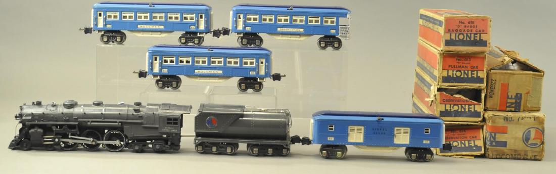 LIONEL 763E AND 613, 613, 614, 615: Locomotive starting to show signs of fatigue, tender missing one hand rail, marked 2263W, box shows wear and missing flaps, car (Pristine Cond.) Loco 14" l.