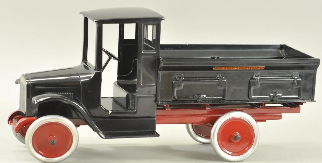 BUDDY L SAND AND GRAVEL TRUCK: Pressed steel, c. 1920's, amateur restoration to an all original toy, bend at one wheel. 26" l.