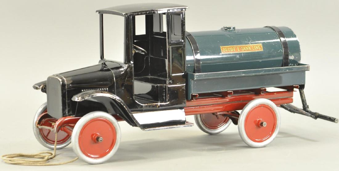 BUDDY L OIL TANK TRUCK: Pressed steel, c. 1920's, a common truck which is very popular, bright and shiny paint, great decals. 26" l.
