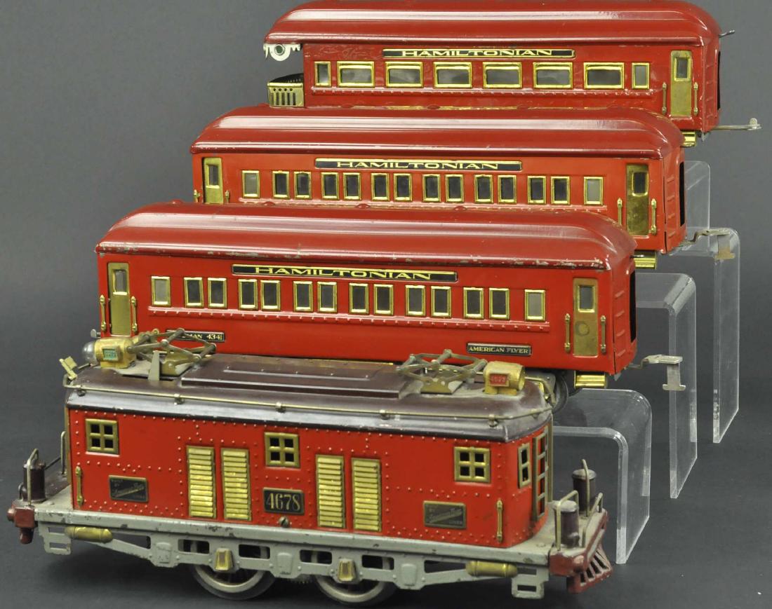 AMERICAN FLYER NO. 4678 LOCO & CARS: Standard gauge, set includes No. 4678 Locomotive, two Pullmans, and an observation car. Loco 14" l.