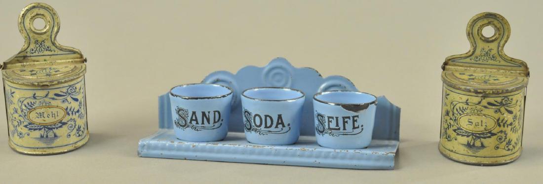MINIATURE BLUE ENAMEL SET & TWO CONDIMENT BOXES (1 of 2)