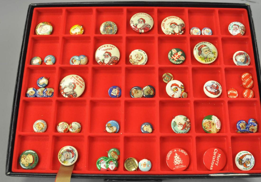 GROUPING OF OVER FIFTY CHRISTMAS PINS: An interesting group of old Santa and Christmas pins. 3/4" - 1 1/2".