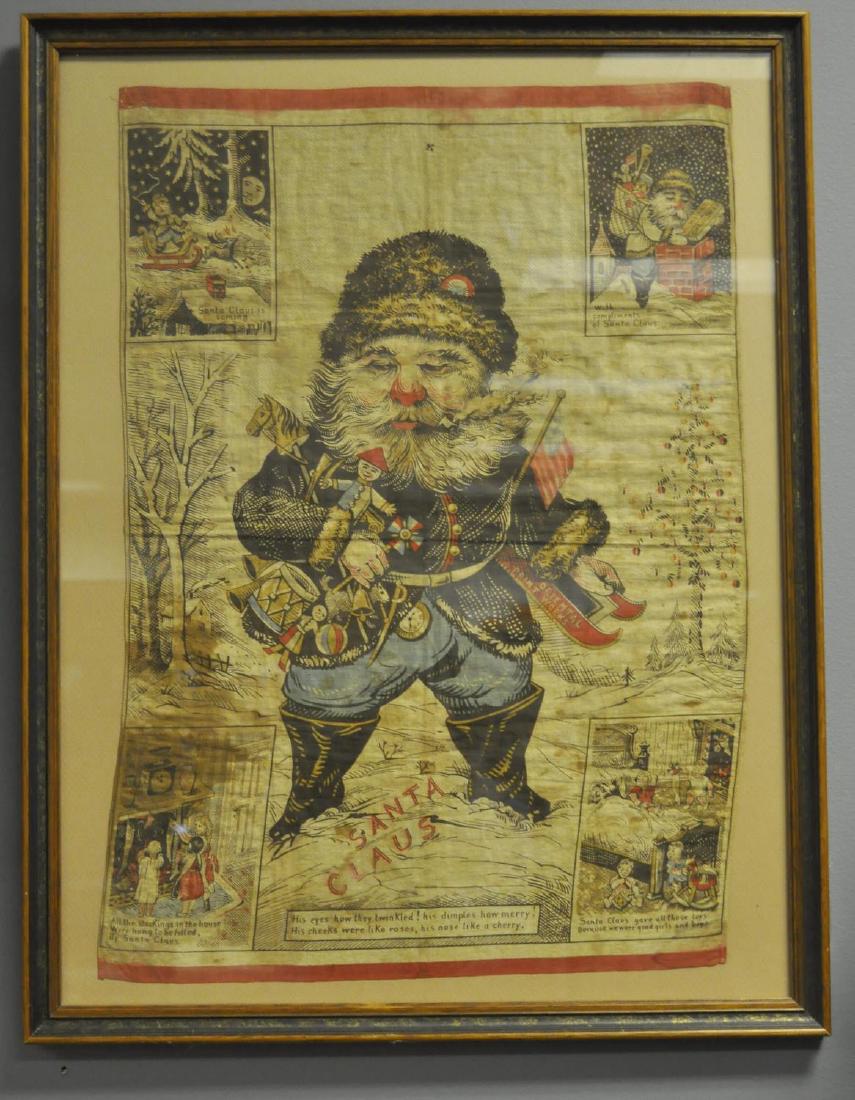 WELL FRAMED NAST PRINT OF SANTA CLAUS: Color litho on cloth of Thomas Nast's "Night Before Christmas," retaining good color and great detail, hard to find in this condition. 22" x 28" Framed.
