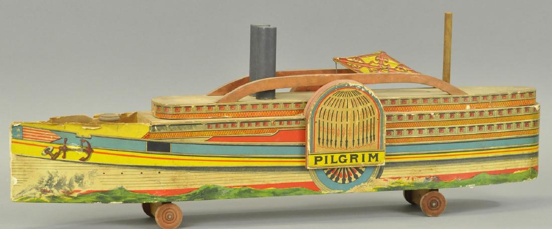 REED PAPER ON WOOD RIVERBOAT PILGRIM: 392 REED PAPER ON WOOD RIVERBOAT PILGRIM 27" L. Missing mast at front, minor tears to top edge at bow, otherwise All Original Condition.