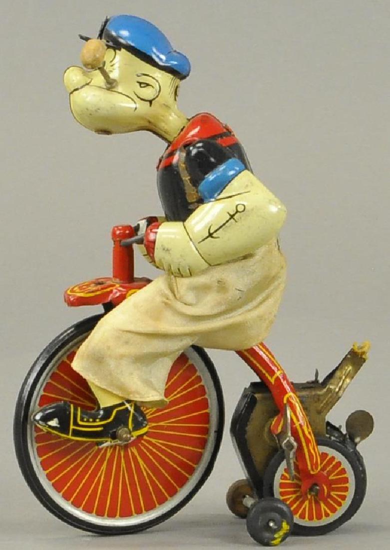 LINEMAR POPEYE CYCLIST: 493 LINEMAR POPEYE CYCLIST Minor factory touch ups to bike frame, bell is missing, otherwise in All Original Condition.
