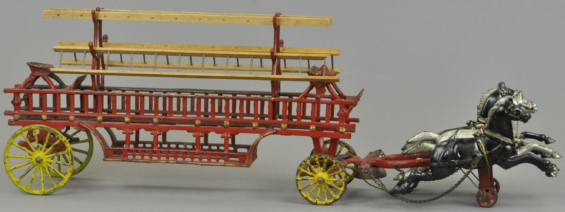 HARRIS HORSE DRAWN HOOK & LADDER: 804. HARRIS HORSE DRAWN HOOK & LADDER | Paint appears to be original with areas of clear coat preservation sprayed throughout, does not have driver and passenger figures. 30" l.