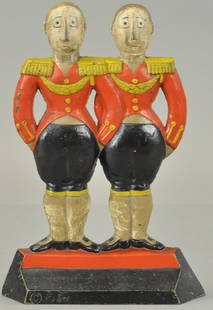 LARGE FOOTMEN DOORSTOP: Hubley, marked "© Fish, 248," bright colors, very desirable piece, largest size of Fish series.