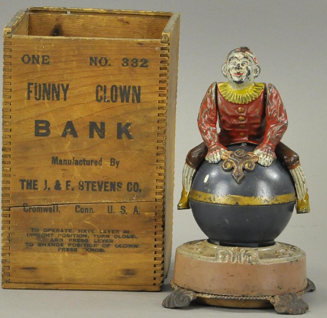 BOXED CLOWN ON GLOBE MECHANICAL BANK (1 of 5)