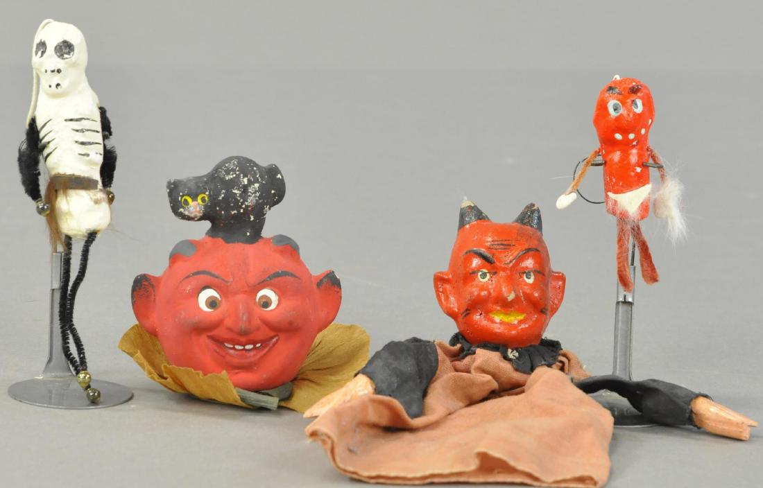 FOUR HALLOWEEN NOVELTIES: 121. FOUR HALLOWEEN NOVELTIES | (Good-VG Cond.) | Lot includes three devils and a skeleton. | 3"-7".