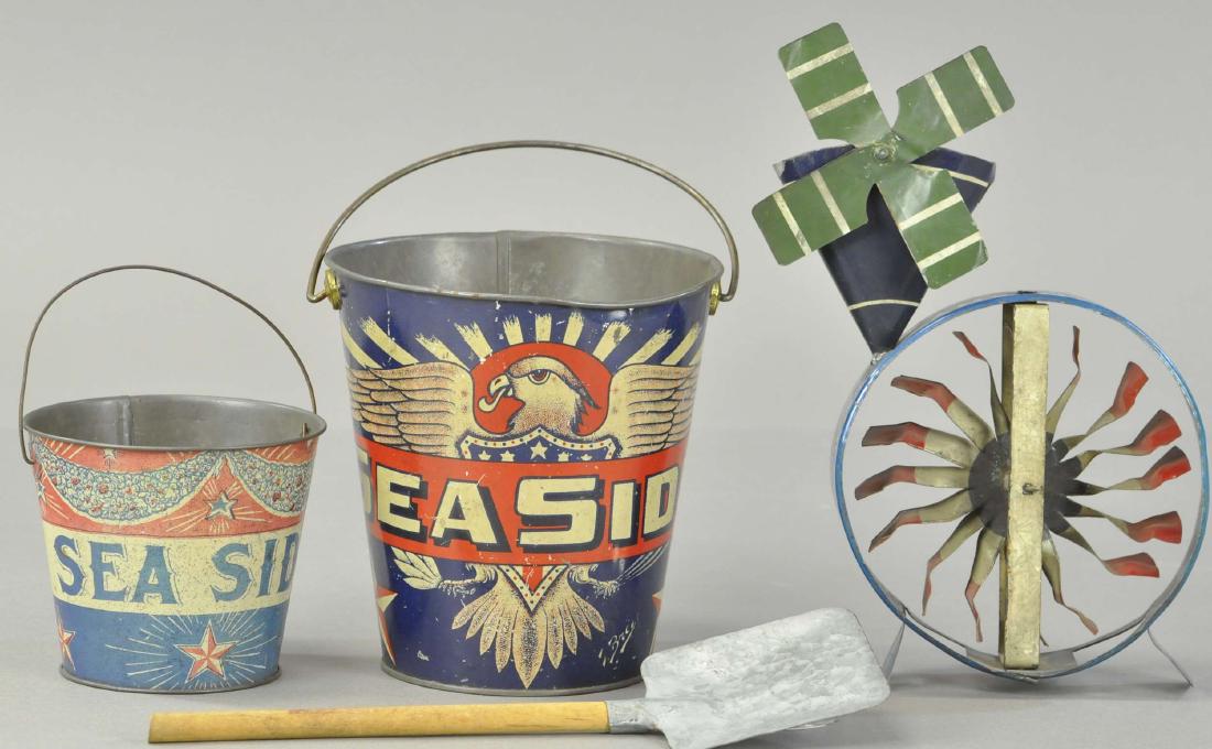 TWO TIN LITHO SEA SIDE SAND PAILS & SAND TOY (1 of 3)