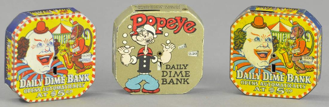 THREE TIN DIME SAVINGS BANKS - POPEYE (1 of 2)