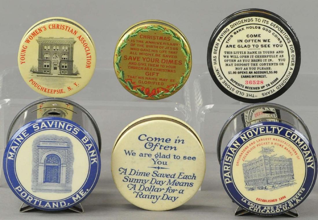 SIX LITHOGRAPH SOUVENIR POCKET BANKS (1 of 3)