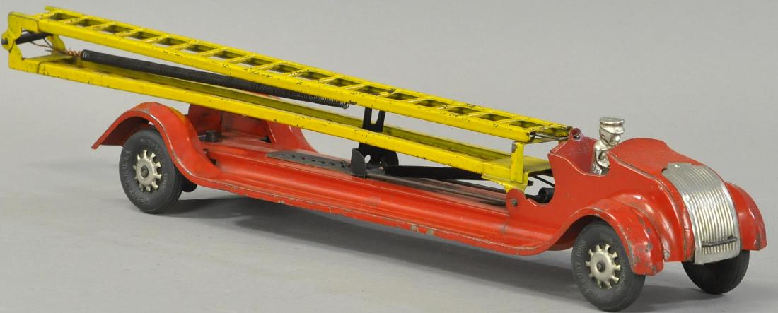 KINGSBURY AERIAL LADDER TRUCK: 58. KINGSBURY AERIAL LADDER TRUCK | Spring is incorrectly held in place by a copper wire, paint in All Original Condition. | 24" l.