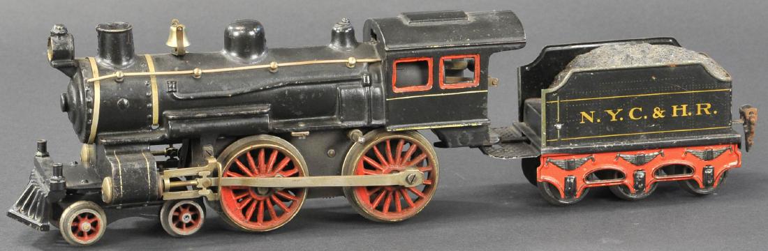 MARKLIN 4-4-0 CAST IRON LOCO W/ NYC & HR TENDER: 1. MARKLIN 4-4-0 CAST IRON LOCO W/ NYC & HR TENDER | Germany, 1 gauge, clockwork cast iron locomotive made for the American Market, nickel plated bell and handrails, large six wheel tender, impressive