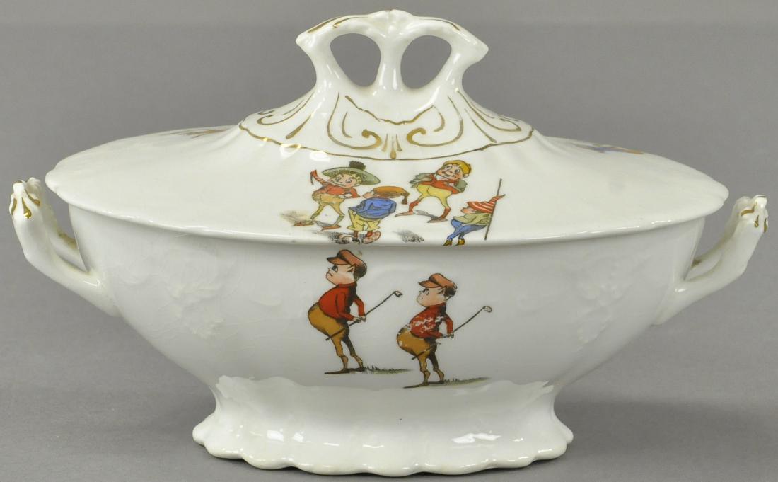 PALMER COX BROWNIE COMPOTE BOWL: 139. PALMER COX BROWNIE COMPOTE BOWL | Taylor Smith English china bowl w/lid, featuring the Brownies golfing. 8"