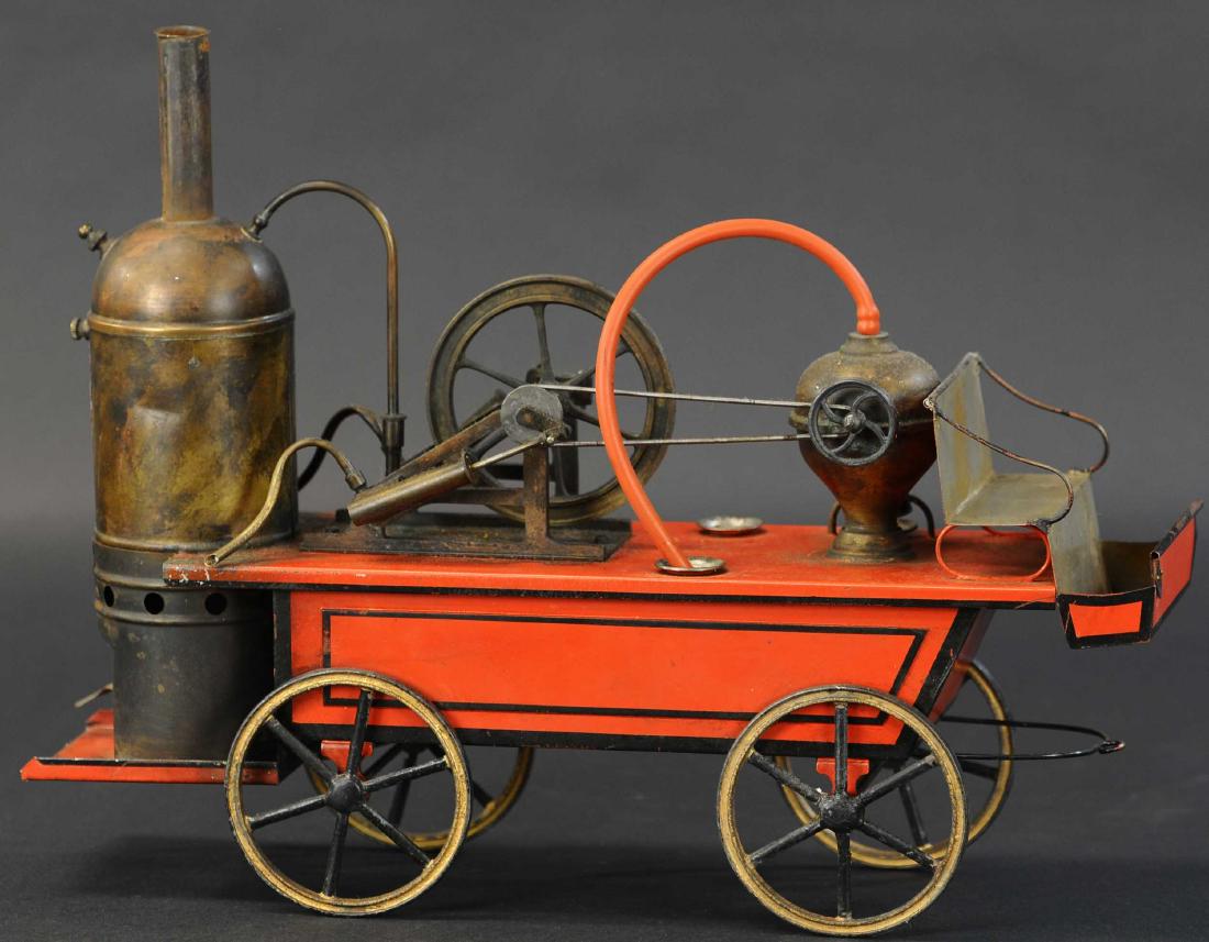 ERNST PLANK STYLE LIVE-STEAM FIRE PUMPER: 407. ERNST PLANK STYLE LIVE-STEAM FIRE PUMPER | Made by Russell Schneider, large horse drawn fire pumper, large vertical boiler powers two oscillating cylinders that directly drive large flywheel, spr