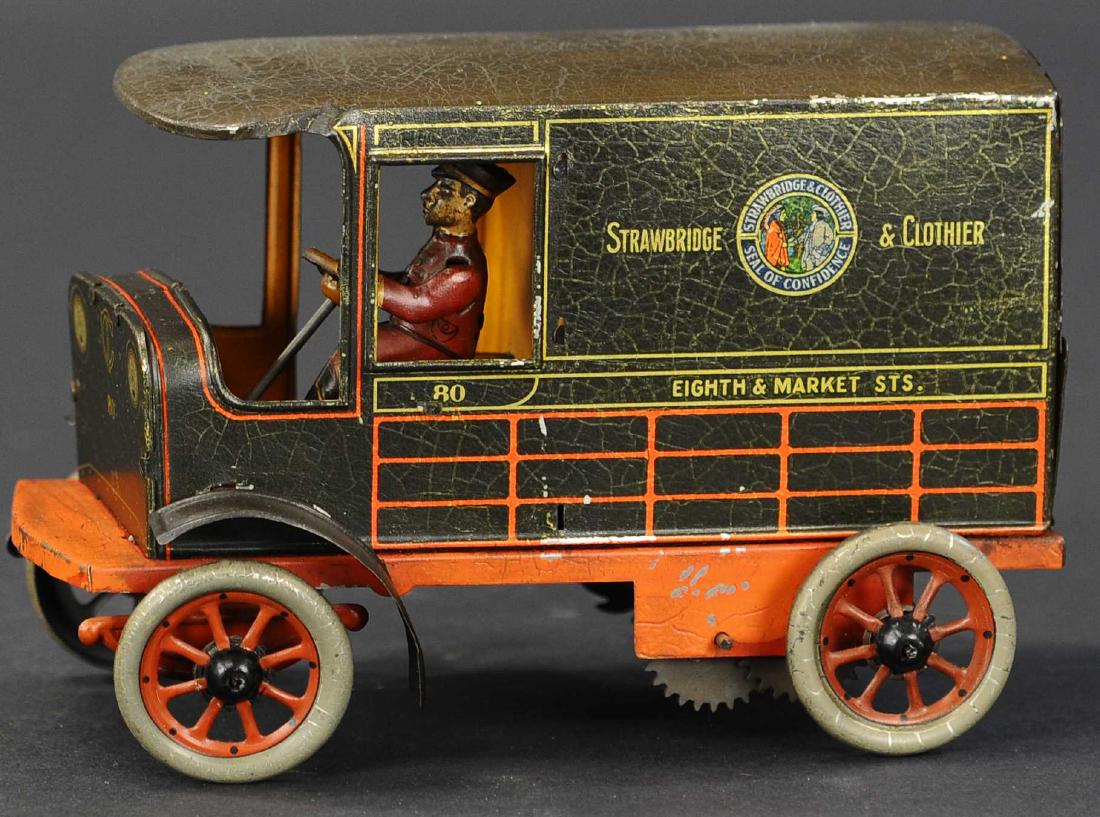 HANS EBERL STRAWBRIDGE AND CLOTHIER DELIVERY VAN: 447. HANS EBERL STRAWBRIDGE AND CLOTHIER DELIVERY VAN | Wind-up, key is fixed to mechanism in front of rear right wheel. | 8" l.