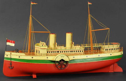 FLEISCHMANN PADDLEWHEEL BOAT: 654. FLEISCHMANN PADDLEWHEEL BOAT | Clockwork two-stack paddle wheeler with mechanisms key hole located just above plimsoll line on starboard side, long sleek ship sporting red and green striping, two