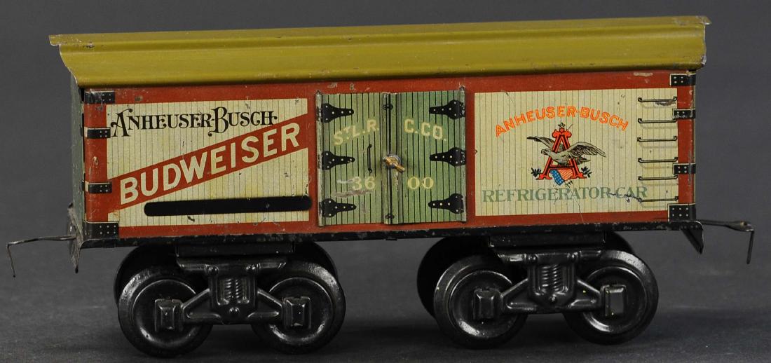 BING BUDWEISER BEER CAR: 740. BING BUDWEISER BEER CAR | 1" gauge, lithographed car with elaborate Budweiser advertising. | 9" l.