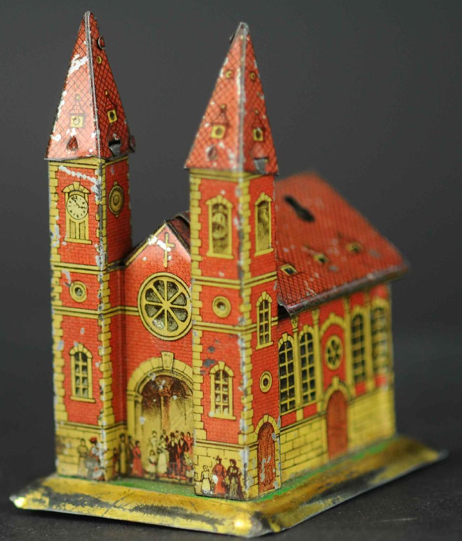 GERMAN CHURCH W/TWO TOWERS BANK PENNY TOY: 92. GERMAN CHURCH W/TWO TOWERS BANK PENNY TOY | Coin slot and keyhole appear in hinged roof.