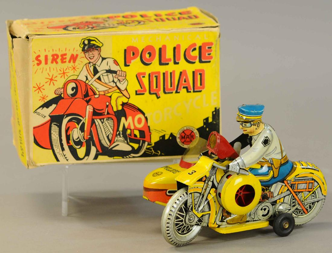 BOXED MARX POLICE SQUAD BIKE W/ SIDECAR: 154. BOXED MARX POLICE SQUAD BIKE W/ SIDECAR | 9" | Box is distressed at edges, toy is in All Original Condition. | $250 - $500