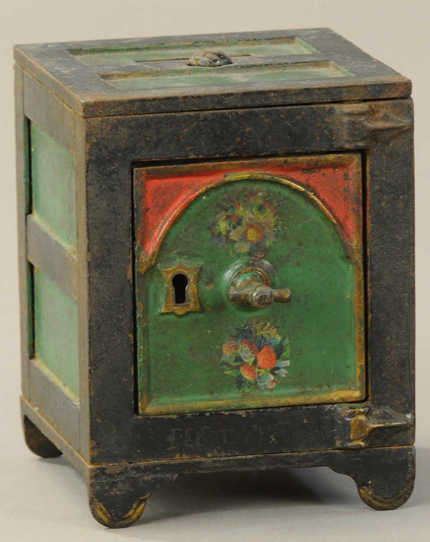 ARCHED DOOR SAFE W/DECALS STILL BANK: 40. ARCHED DOOR SAFE W/DECALS STILL BANK | Kyser & Rex, original twist pin. | 4.5" h. | (VG-Exc. Cond.) | $300 - $500