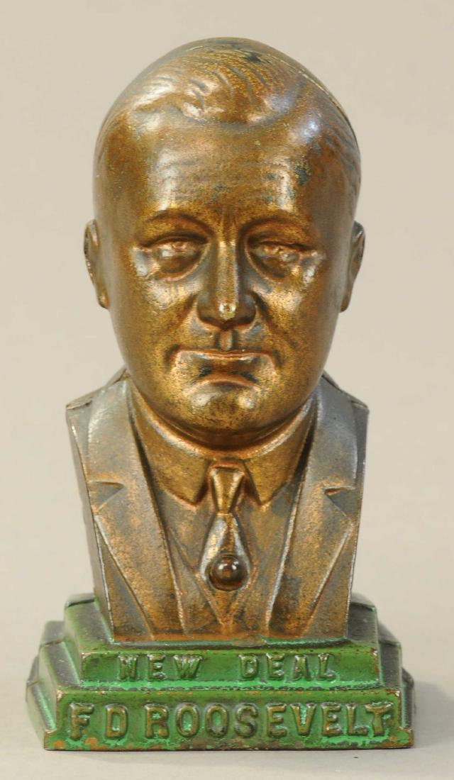 ROOSEVELT "NEW DEAL" STILL BANK: 142. ROOSEVELT "NEW DEAL" STILL BANK | Kenton. | 4.5" h. | (Pristine Cond.) | $300 - $600
