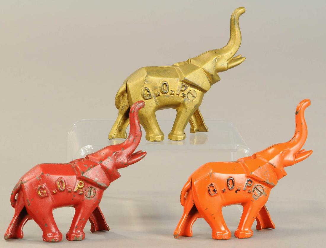 THREE ART DECO ELEPHANT (GOP) STILL BANKS: 272. THREE ART DECO ELEPHANT (GOP) STILL BANKS | A.C. Williams, c.1930. | 4.5" l. | (Exc.-Pristine). | $600 - $900