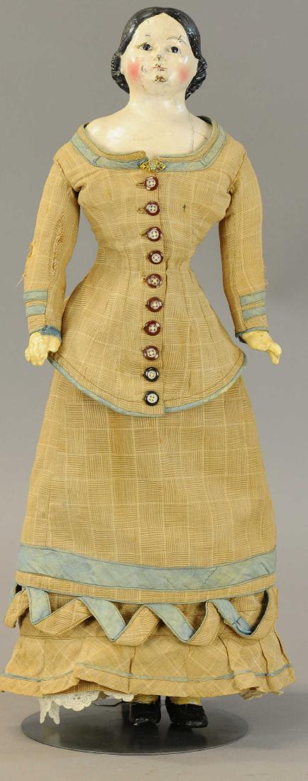 UNUSUAL 1850'S ERA SHOULDER HEAD DOLL: 490. UNUSUAL 1850'S ERA SHOULDER HEAD DOLL | At first glance head appears to be painted papier mache but upon further examination appears much thinner and could be either gutta-percha (or rubber) or p