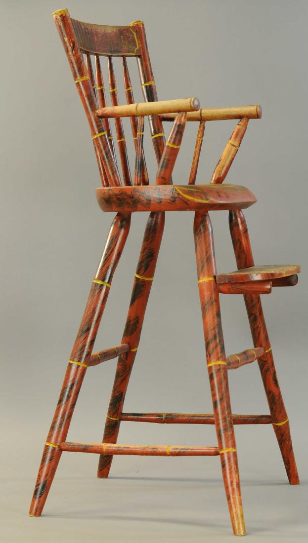 WINDSOR STYLE PAINTED HIGH CHAIR: 500. WINDSOR STYLE PAINTED HIGH CHAIR | Attractive and sturdy pine hand decorated red 'Tiger stripe' chair for young child on larger early doll with foot rest, yellow highlight paint at indentations. 