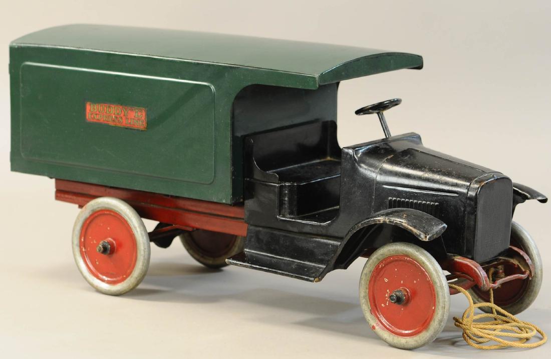 BUDDY L EXPRESS LINE TRUCK: 726. BUDDY L EXPRESS LINE TRUCK | 24.5" l. | Old brush repaint. | $500 - $750