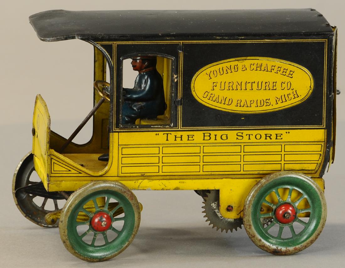 HANS EBERL THE BIG STORE DELIVERY VAN: 1015. HANS EBERL THE BIG STORE DELIVERY VAN | One in a series of several private label delivery vans produced. Provenance: Donald Kaufman Collection. | 7.5" | Minor in-painting to one side of van, mis
