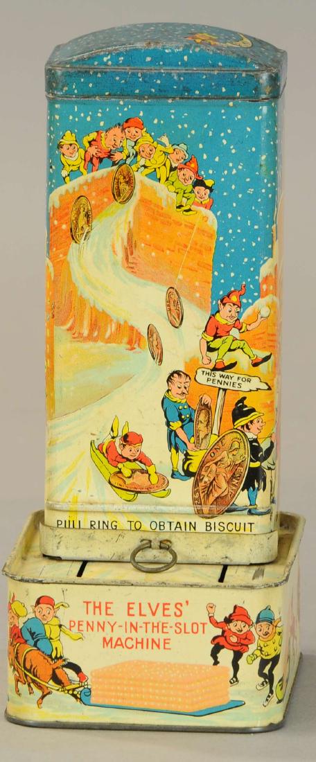 HUNTLEY & PALMERS ELVES BISCUIT TIN BANK: 1199. HUNTLEY & PALMERS ELVES BISCUIT TIN BANK | Winter theme of elves playing in the snow, dispenses biscuits from front drawer when a penny is put in the slot. | 9" l. | (Exc. Cond.) | $300 - $500